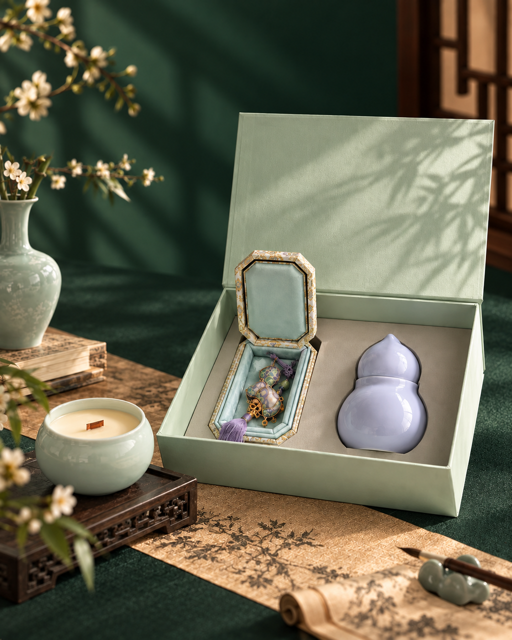 Celadon Gourd Aromatherapy & Auspicious Charm Gift Set