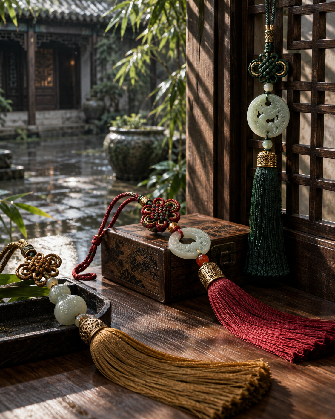 Refined hanging charms with jade accents, gilt fittings and silk tassels