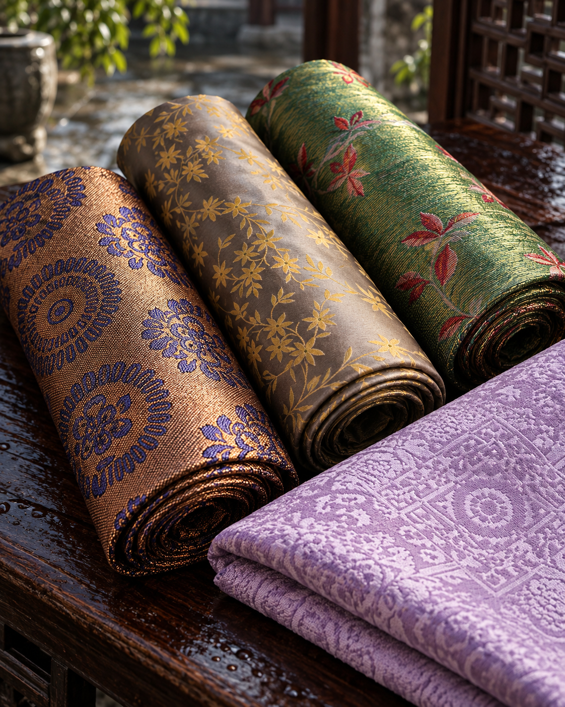 Authentic brocade rolls with cobalt, gold botanical and lavender geometric woven patterns
