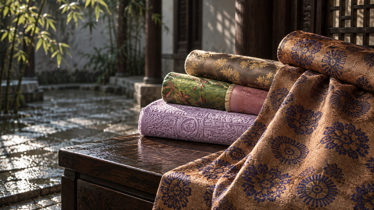 Authentic copper, taupe, green and lavender brocade rolls in a sunlit Chinese courtyard