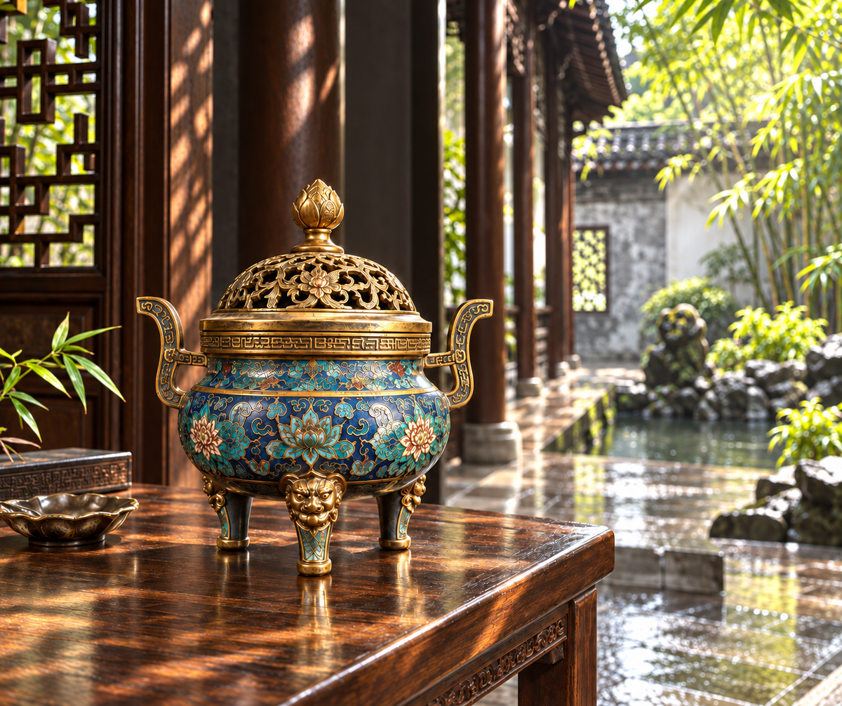 Ornate cloisonné and gilt incense burner in dramatic natural courtyard sunlight