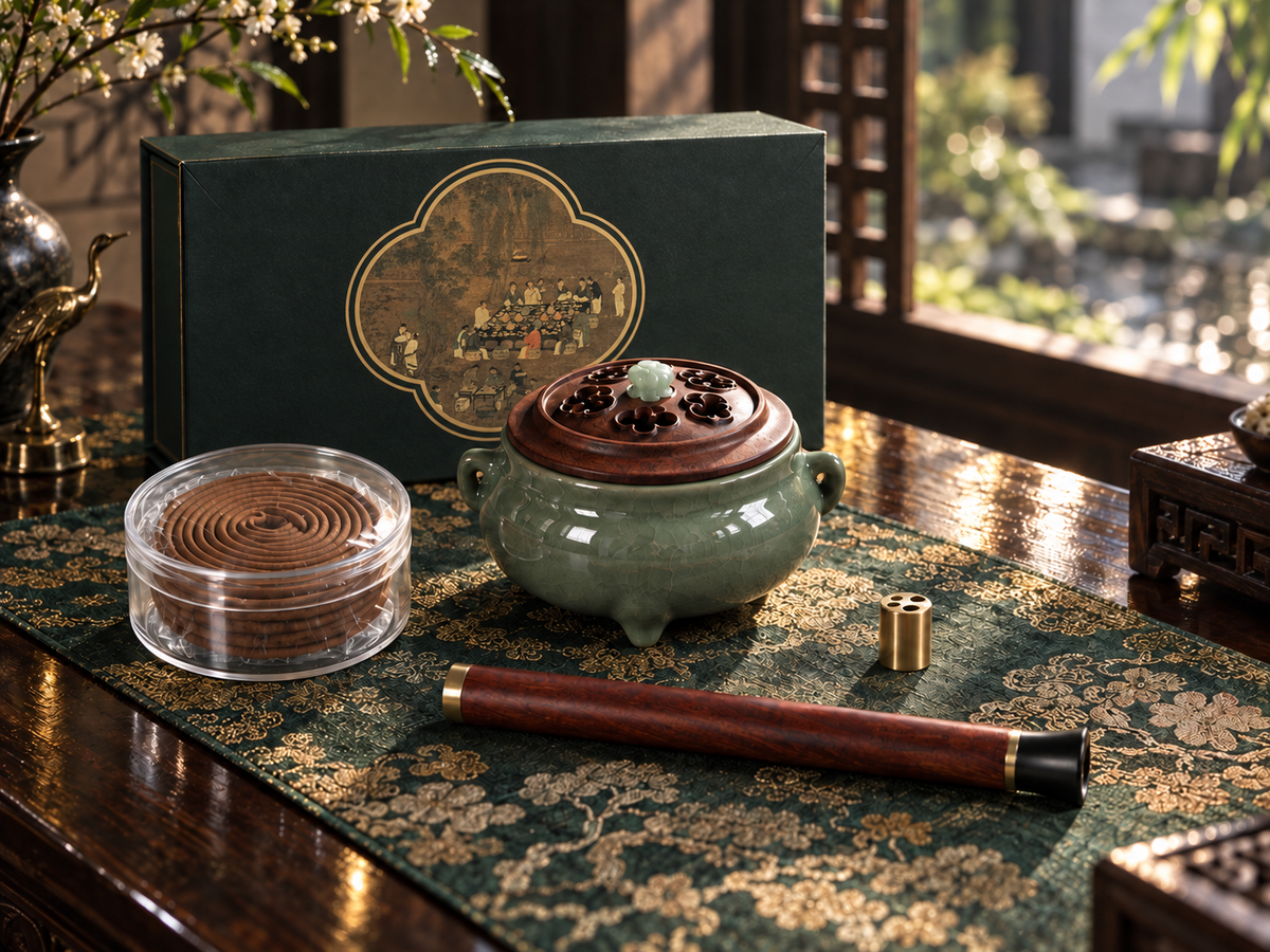 Luxury incense gift set with celadon burner, incense, brass holder and green brocade presentation box