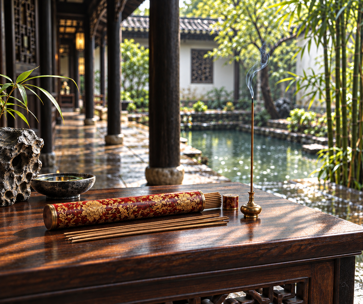 Patterned gilt lacquer incense tube and natural incense sticks in strong morning courtyard light