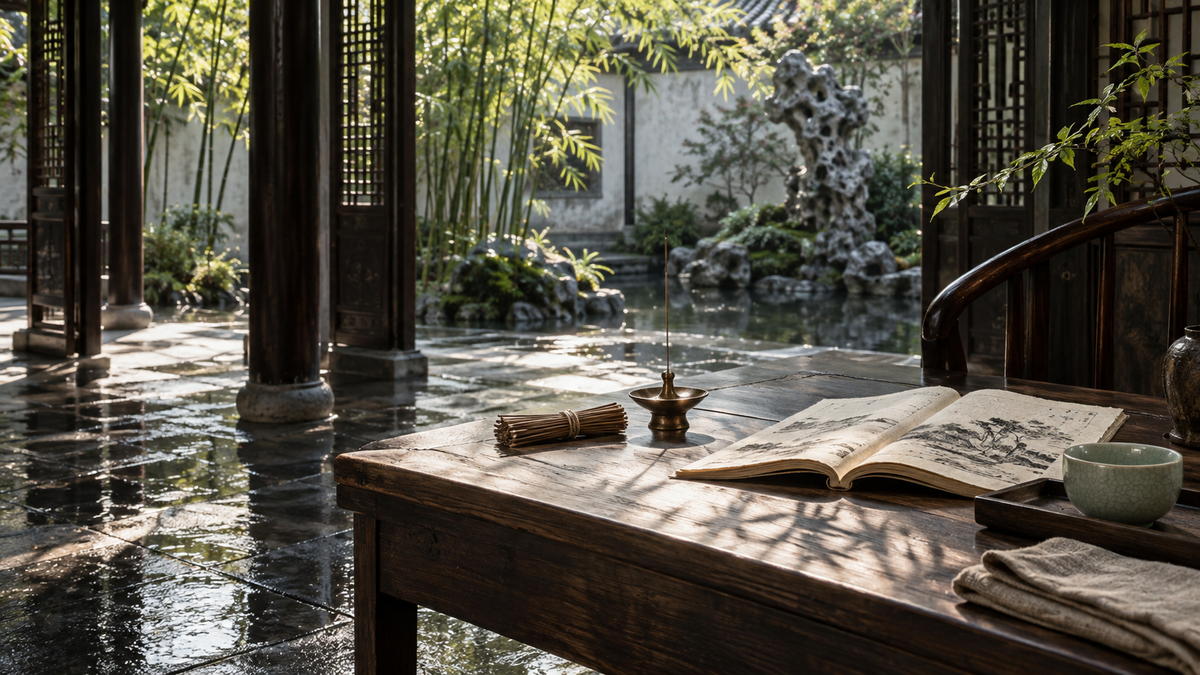 Quiet incense and tea ritual on a wood table in a rain-washed Chinese courtyard