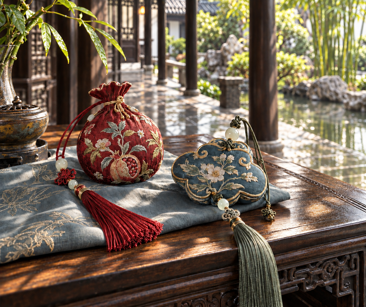 Luxury embroidered Chinese scented sachets with jade details in strong natural light